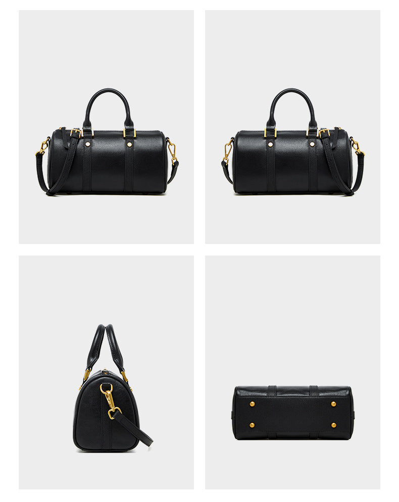 Four-angle product display of black Boston bag showing front, side, and base