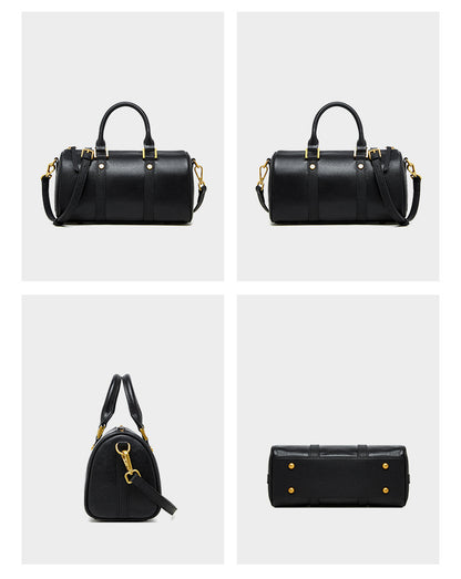 Four-angle product display of black Boston bag showing front, side, and base