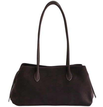 Coffee-colored nubuck tote with long handles on a white background