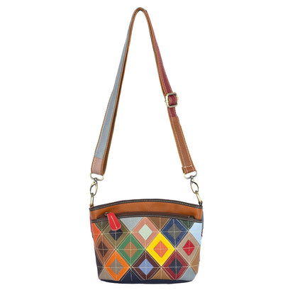 Full view of the crossbody bag with its single multicolor strap