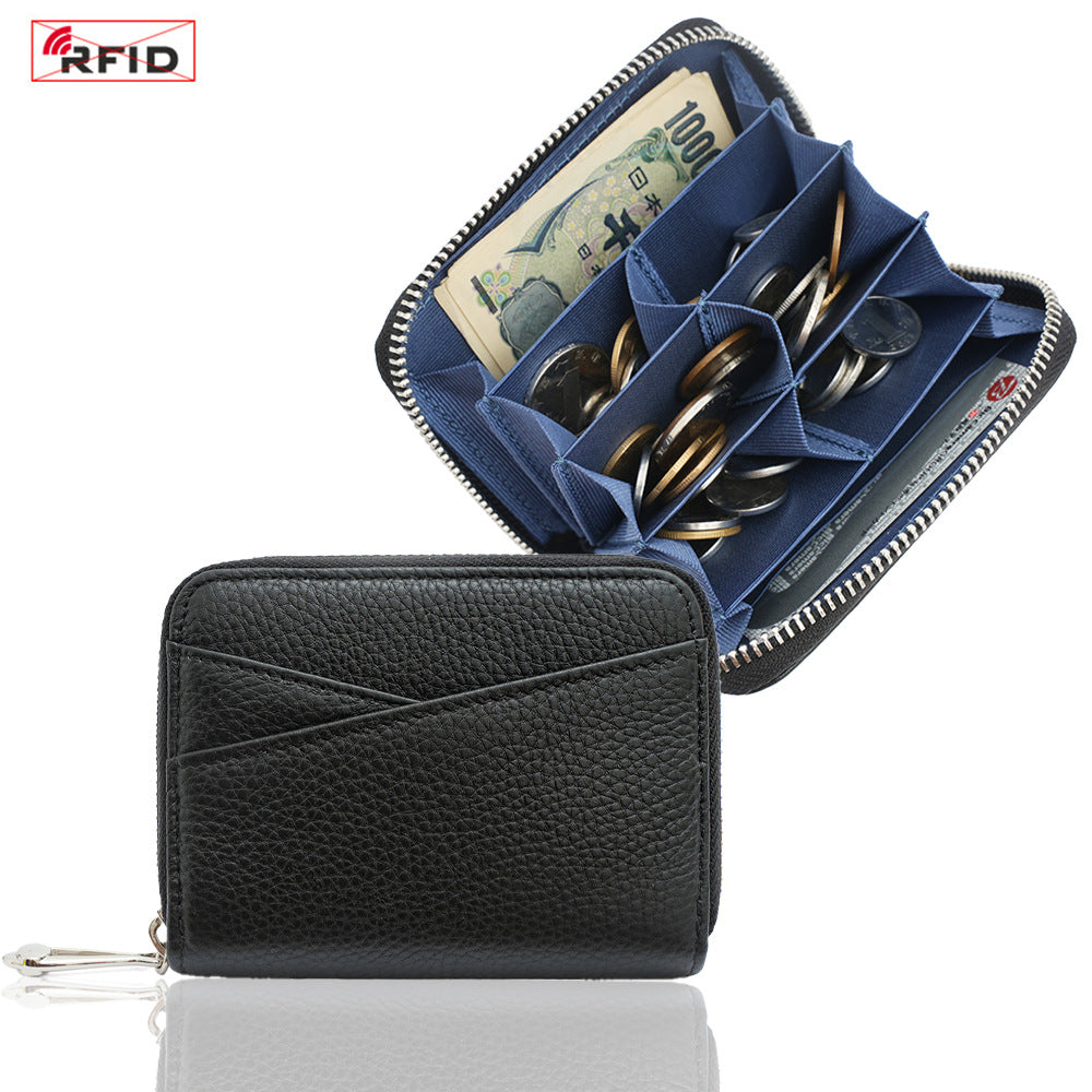 Genuine Leather Coin Purse with RFID Blocking Card Slots in Black/Blue
