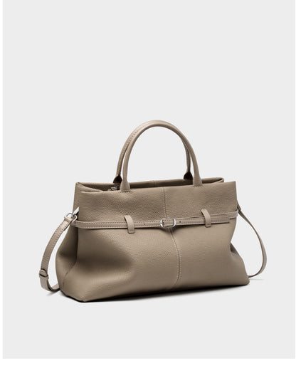 Front view of empty elephant gray pebbled leather tote