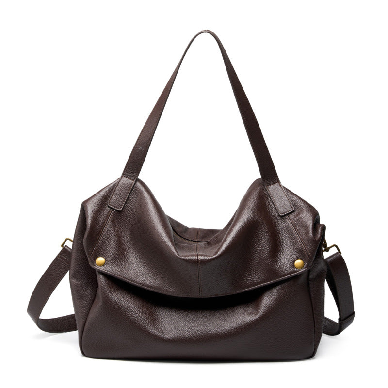 Cowhide Leather Tote Shoulder Bag with Detachable Strap in Coffee Brown