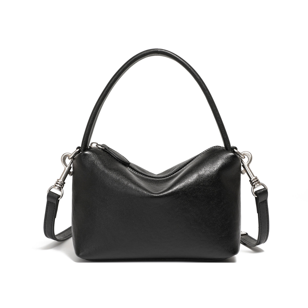 Top-Grain Cowhide Pillow Bag with Detachable Strap in Black