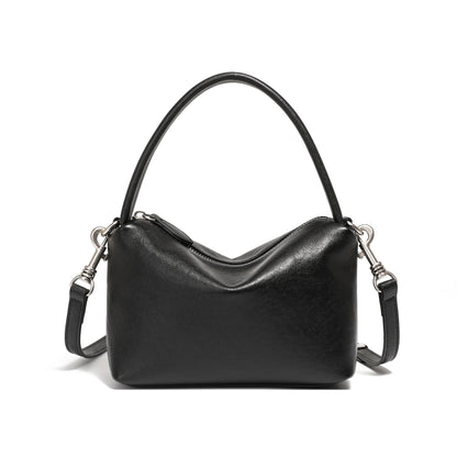 Top-Grain Cowhide Pillow Bag with Detachable Strap in Black