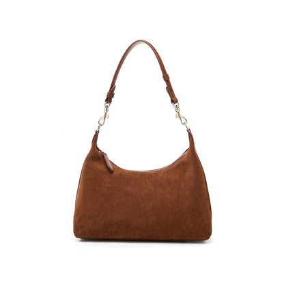 Brown suede-finish cowhide shoulder bag on a white background
