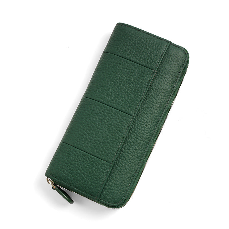 Top-Grain Cowhide Zip-Around Long Wallet with RFID Blocking in Color Block - Black