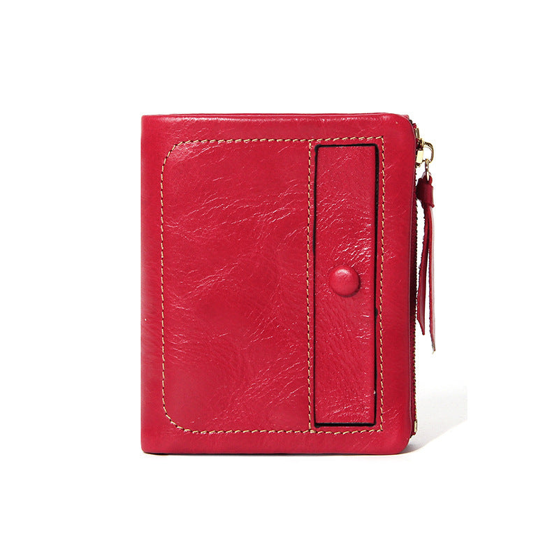Top-Grain Cowhide Vintage Vertical Short Wallet in Red