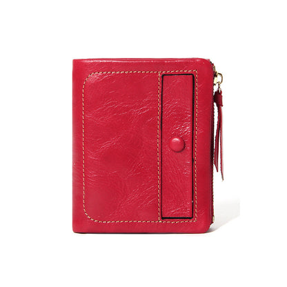 Top-Grain Cowhide Vintage Vertical Short Wallet in Red