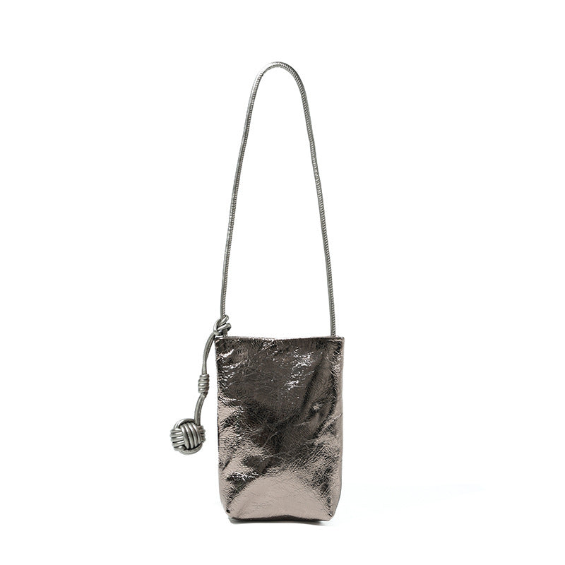 Cowhide Leather Micro Bucket Phone Crossbody Bag in Gunmetal