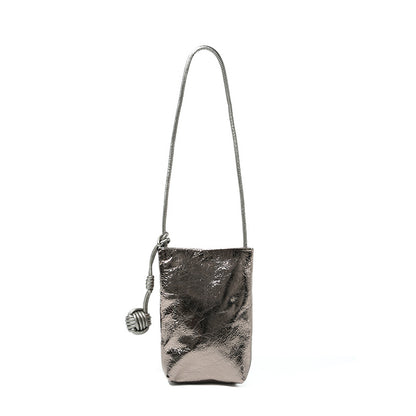Cowhide Leather Micro Bucket Phone Crossbody Bag in Gunmetal