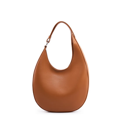 Brown cowhide crescent hobo bag front view on white background
