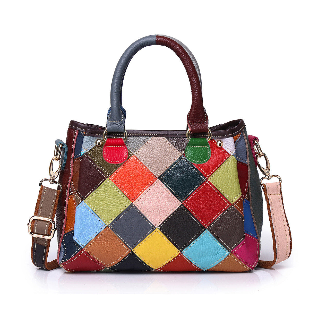 Front view of multicolor diamond patchwork cowhide shoulder bag with top handles and strap
