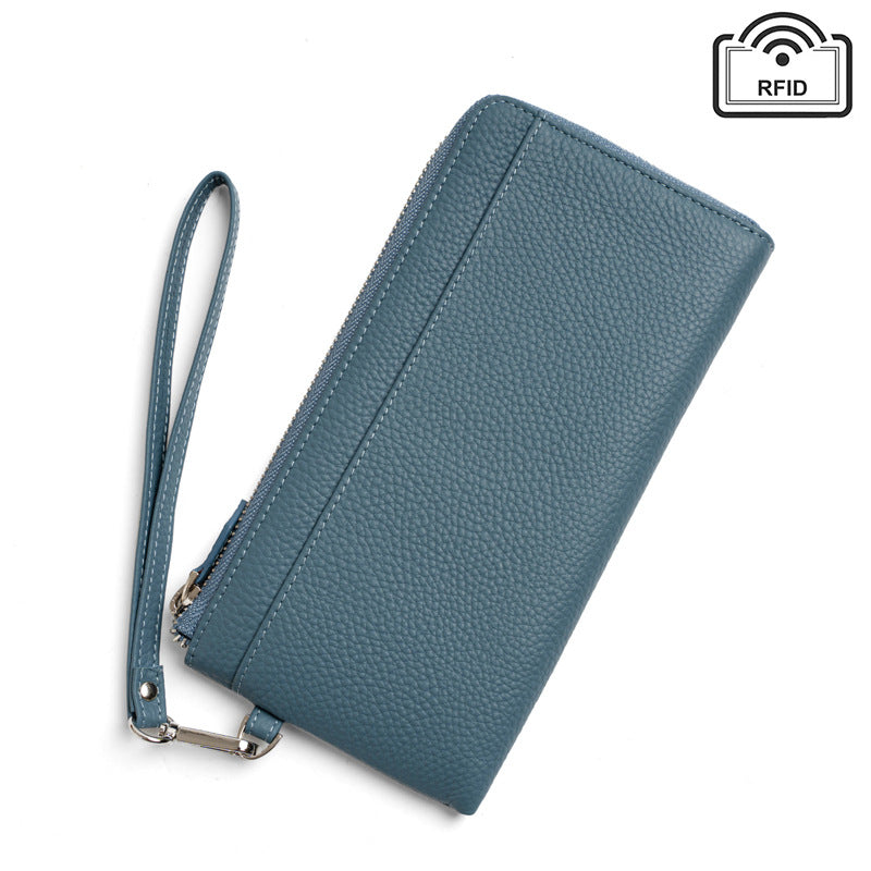RFID-Blocking Pebbled Cowhide Long Zip Clutch in Navy Blue