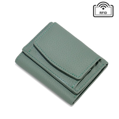 Muted green cowhide wallet with matching stitched edges