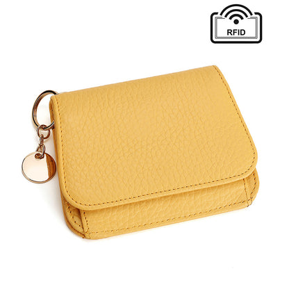 Yellow leather mini wallet with rose gold keyring charm and RFID icon