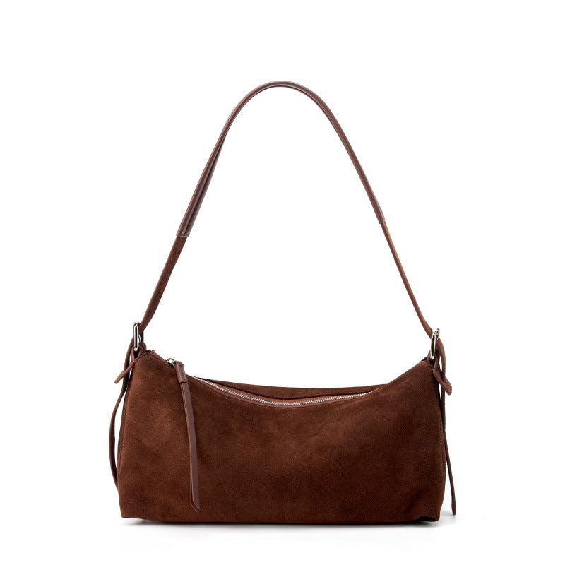 Dark brown suede cowhide shoulder bag, front view