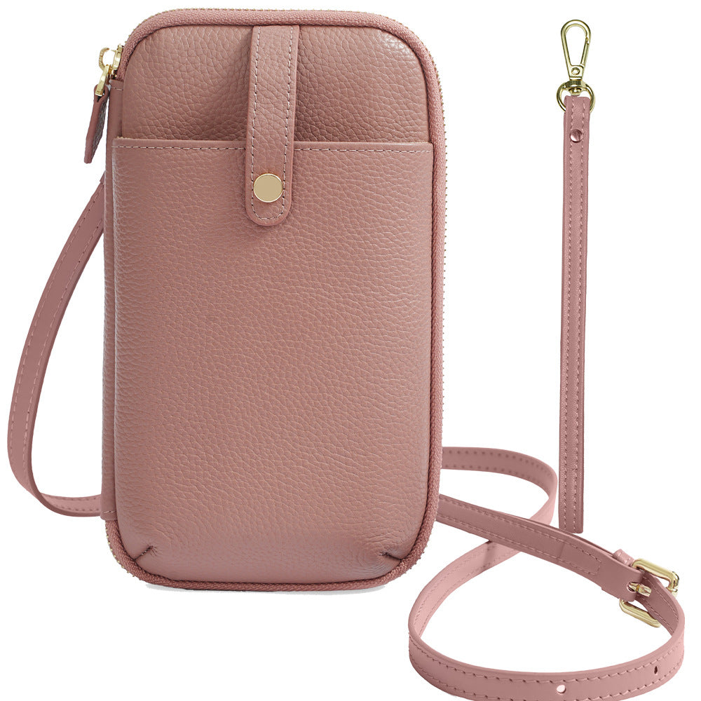 Cowhide Leather Micro Crossbody Phone Bag with Card Slots in Pink