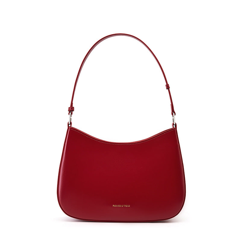 Wine red cowhide leather underarm shoulder bag with metal hardware detail