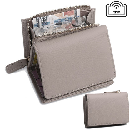 Genuine Leather RFID Small Wallet with Coin Pocket in Light Grey