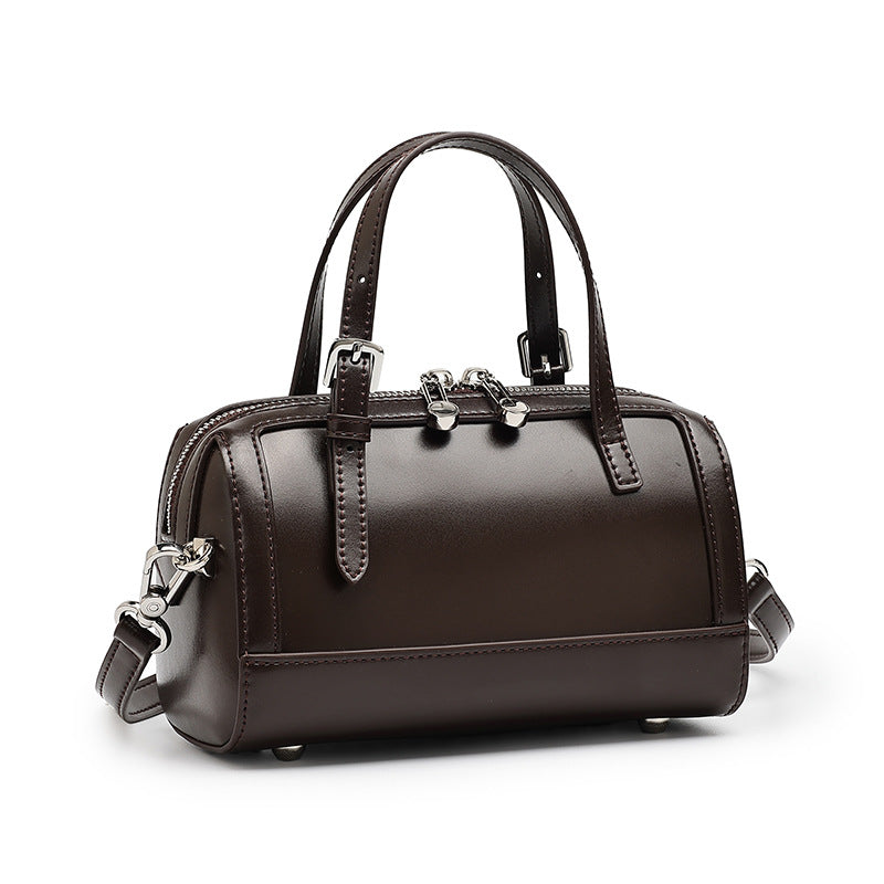 Coffee brown cowhide leather mini Boston bowling bag with adjustable strap