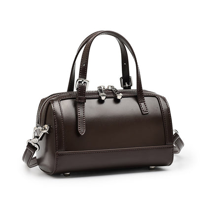 Coffee brown cowhide leather mini Boston bowling bag with adjustable strap