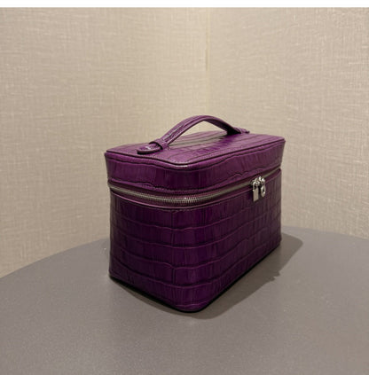 Straight-on view of the purple pouch exterior