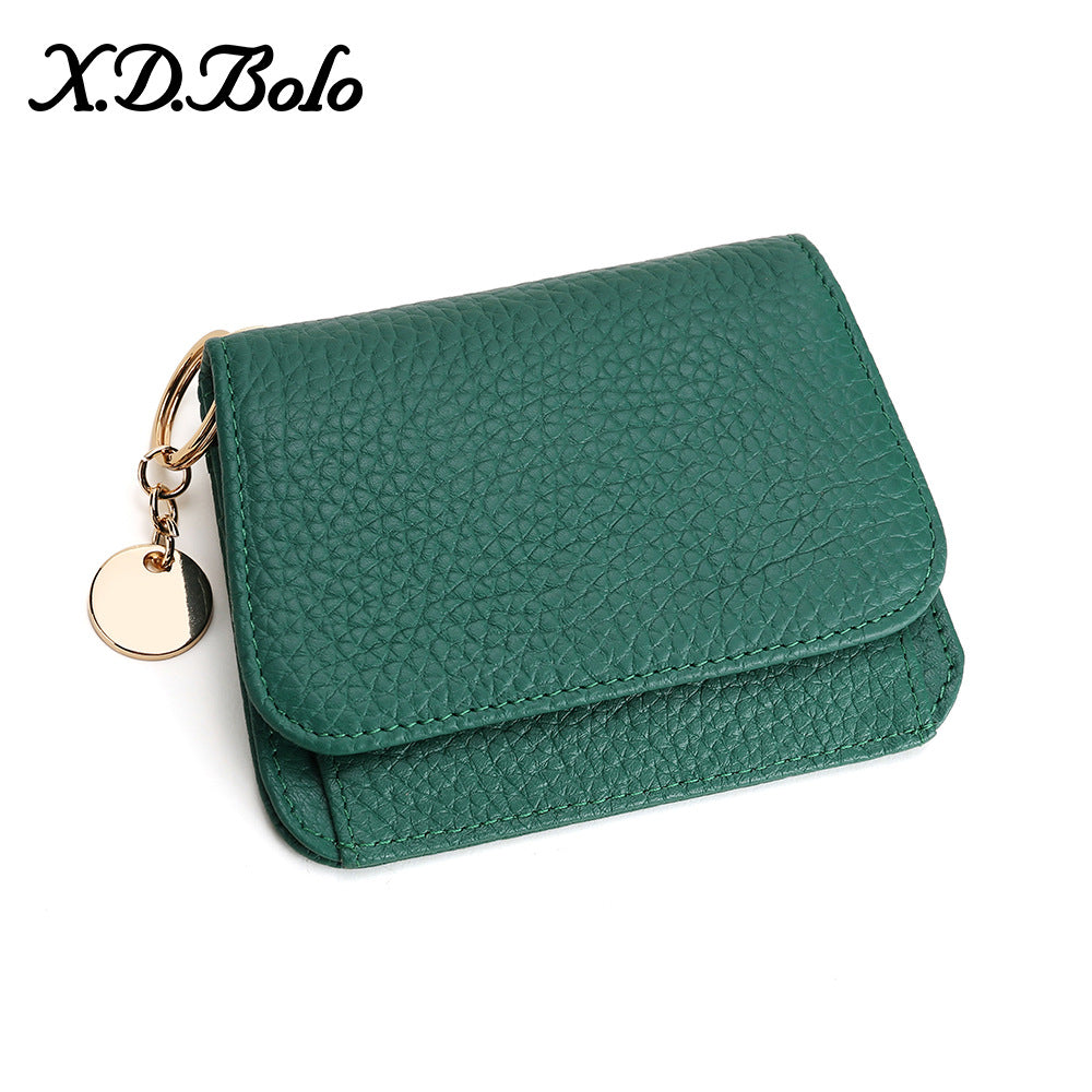 Genuine Leather RFID-Blocking Mini Wallet with Keyring Charm in Round Tag Green