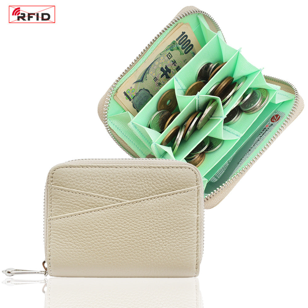 Genuine Leather Coin Purse with RFID Blocking Card Slots in Ivory/Neon Green