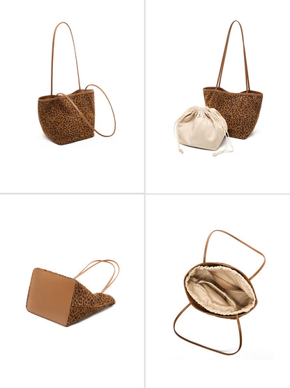 Bucket tote bottom and lined interior pocket details