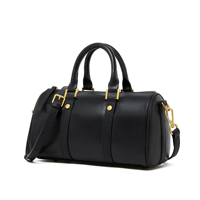Cowhide Leather Small Boston Bag Top Handle Crossbody in Black