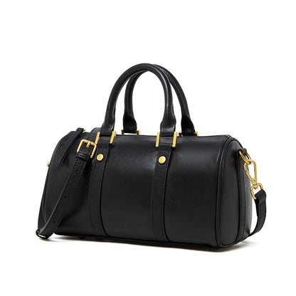 Cowhide Leather Small Boston Bag Top Handle Crossbody in Black