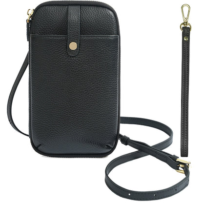 Black leather phone bag with pebbled texture, gold-tone hardware, and detachable wrist strap