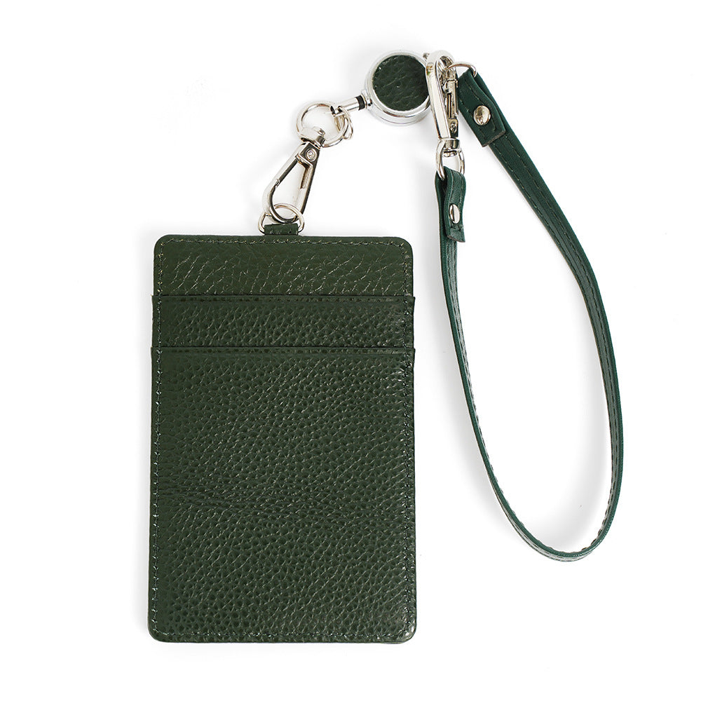 Dark green leather card holder with retractable reel and wristlet