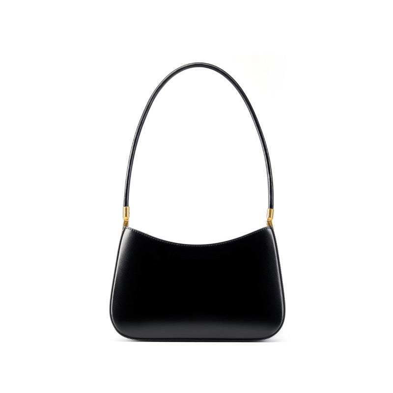 Black cowhide leather shoulder bag shown from the front on a white background
