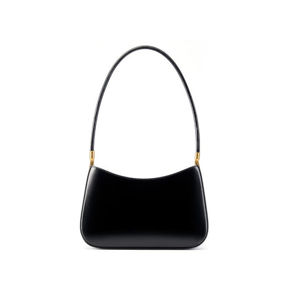 Black cowhide leather shoulder bag shown from the front on a white background