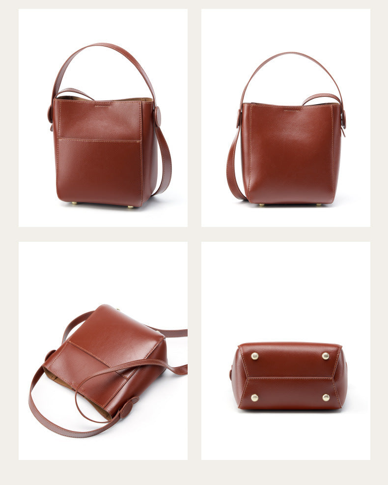 Four-angle composite showing front, side, top, and base views of the brown bucket bag