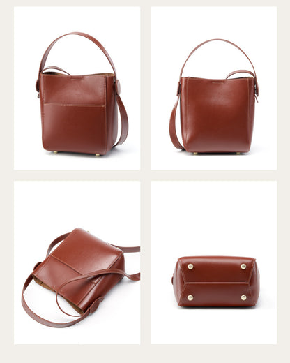 Four-angle composite showing front, side, top, and base views of the brown bucket bag