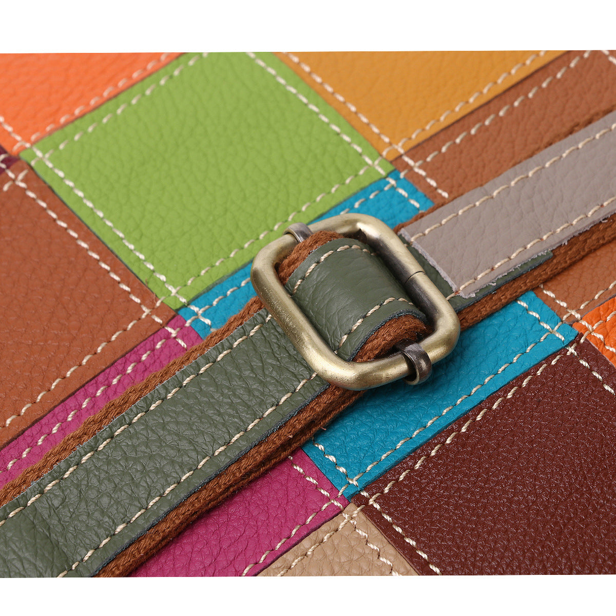 Close-up of the multicolor patchwork and stitched shoulder strap detail