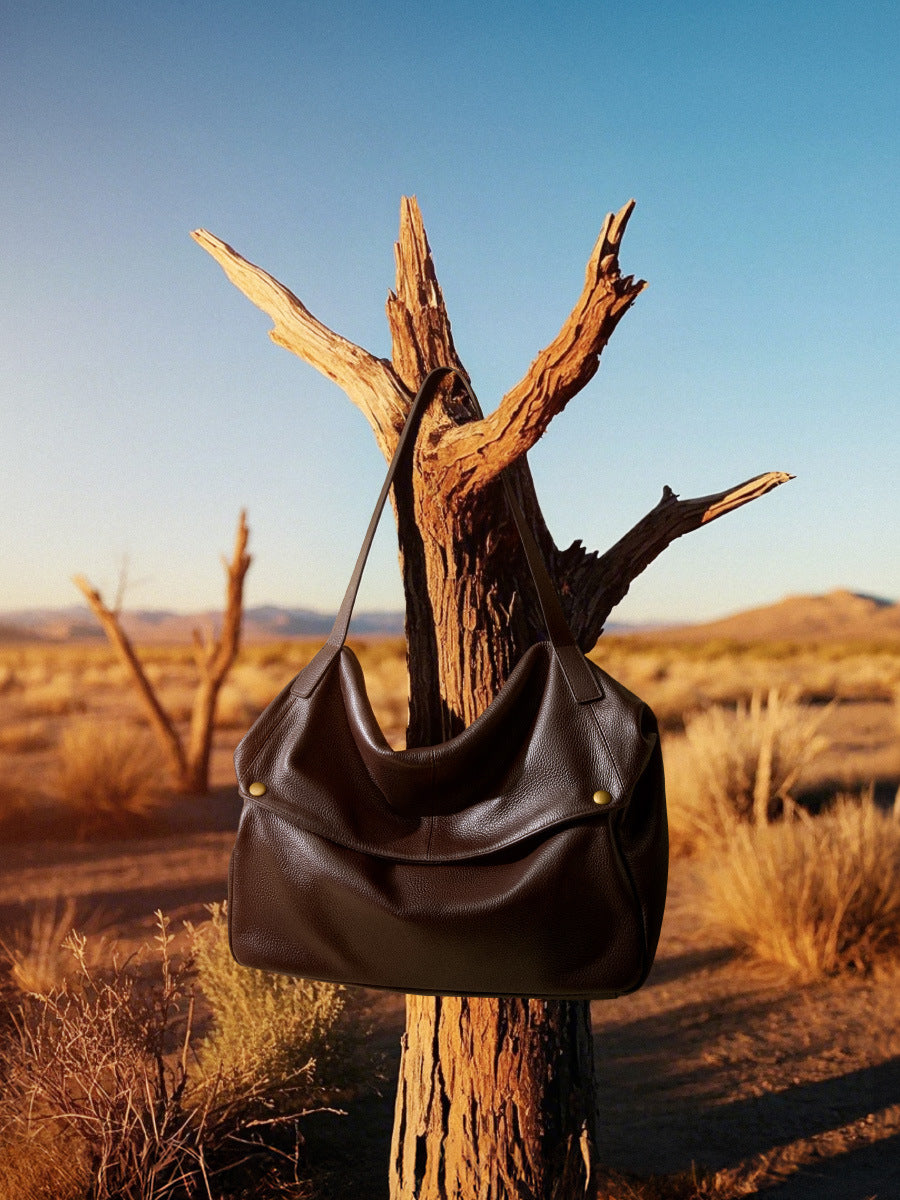 Brown leather hobo tote bag hanging on a weathered tree branch in a desert landscape