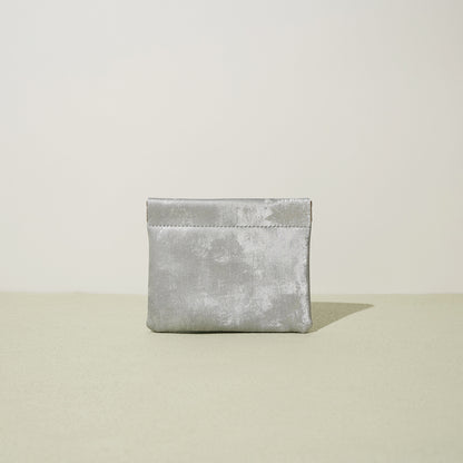 Silver metallic satin card pouch displayed upright
