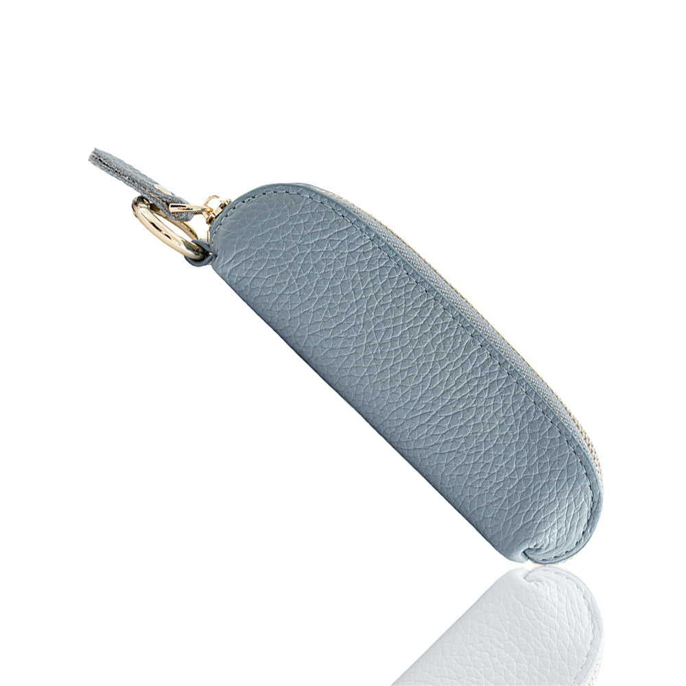 Top-Grain Cowhide Mini Zip Coin Purse with Key Clip in Light Blue