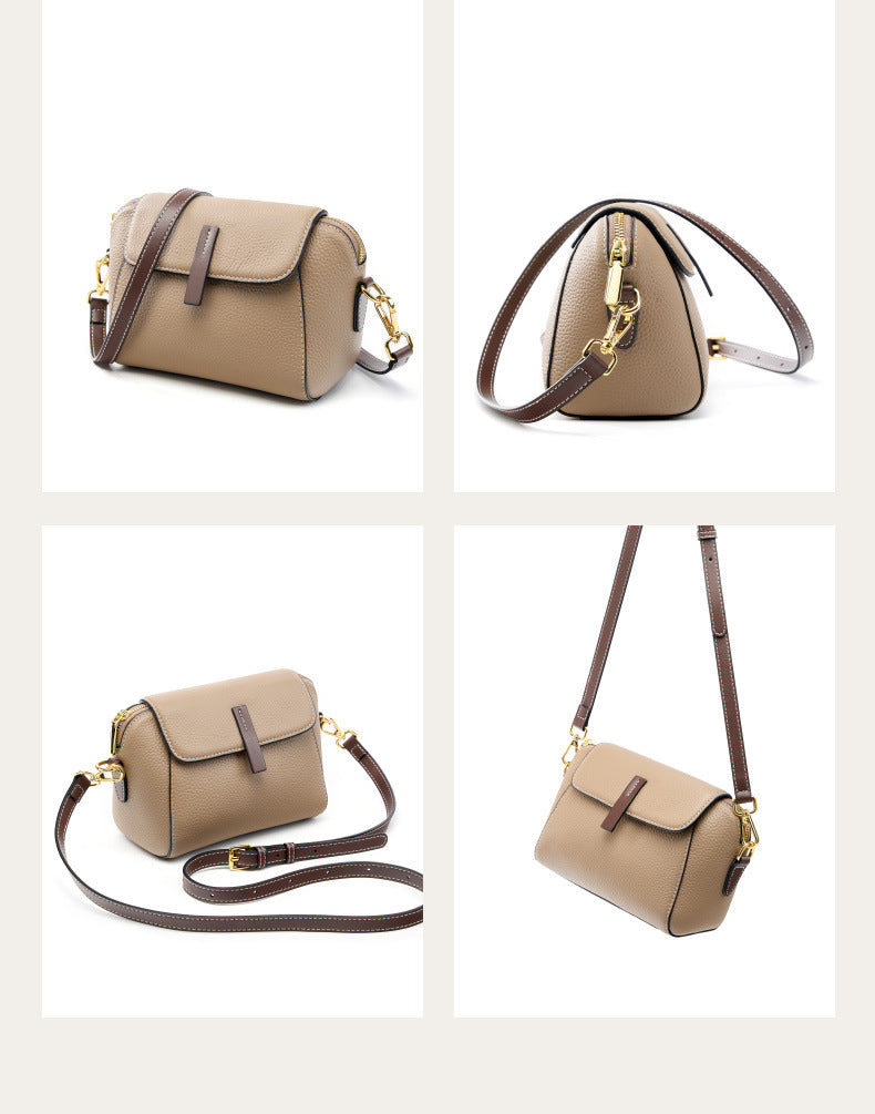 Four-angle product view of the khaki shell crossbody bag showing front, side, back and top