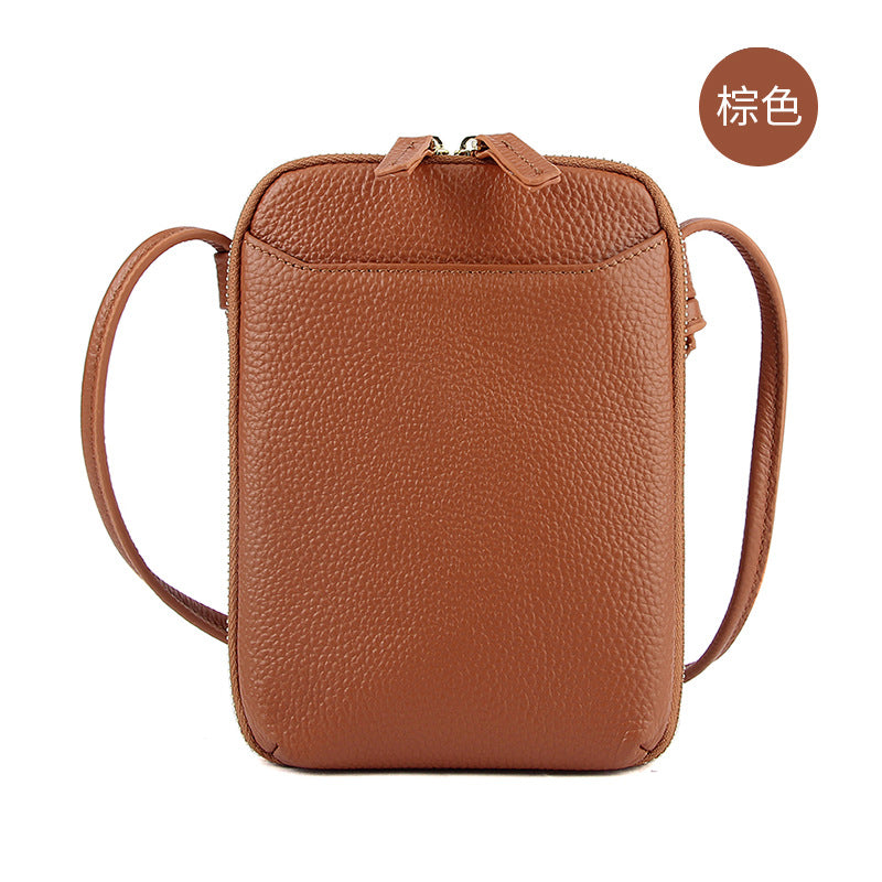 Cowhide Vertical Crossbody Phone Bag, Pebbled in Brown