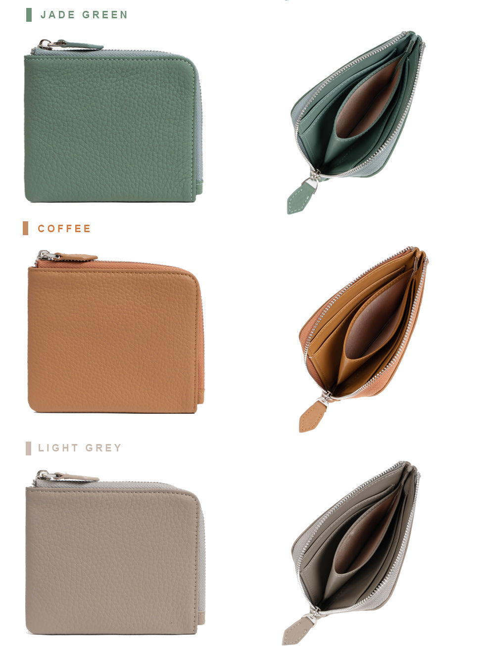 Color lineup of jade green, coffee, and light grey leather short wallets