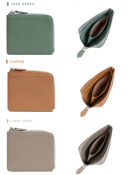Color lineup of jade green, coffee, and light grey leather short wallets