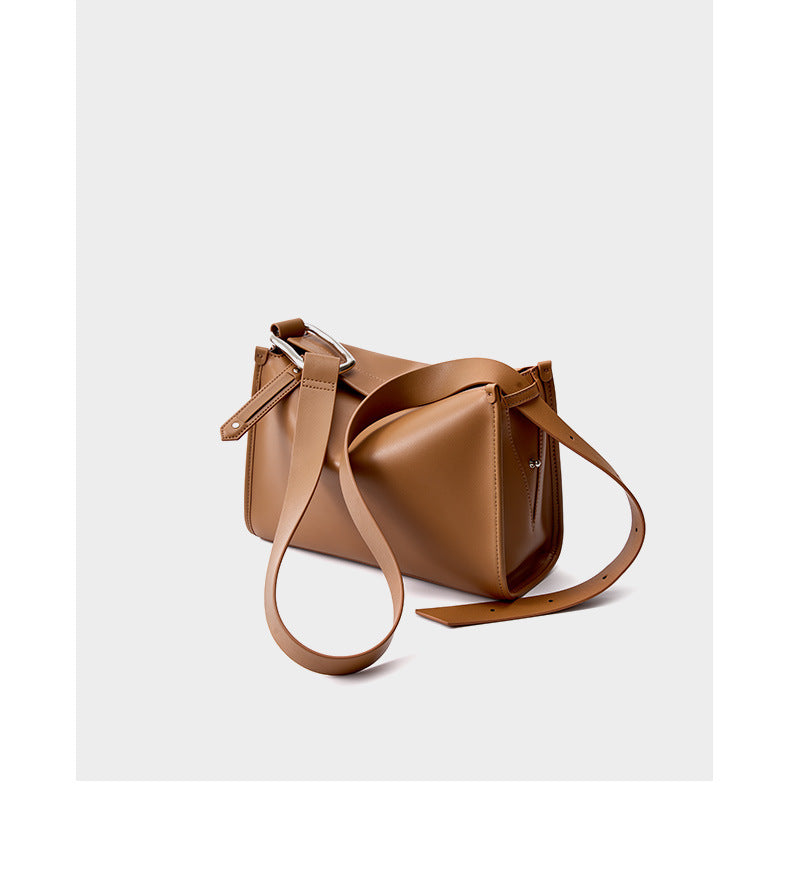 Brown pillow bag back angle showing strap attachment