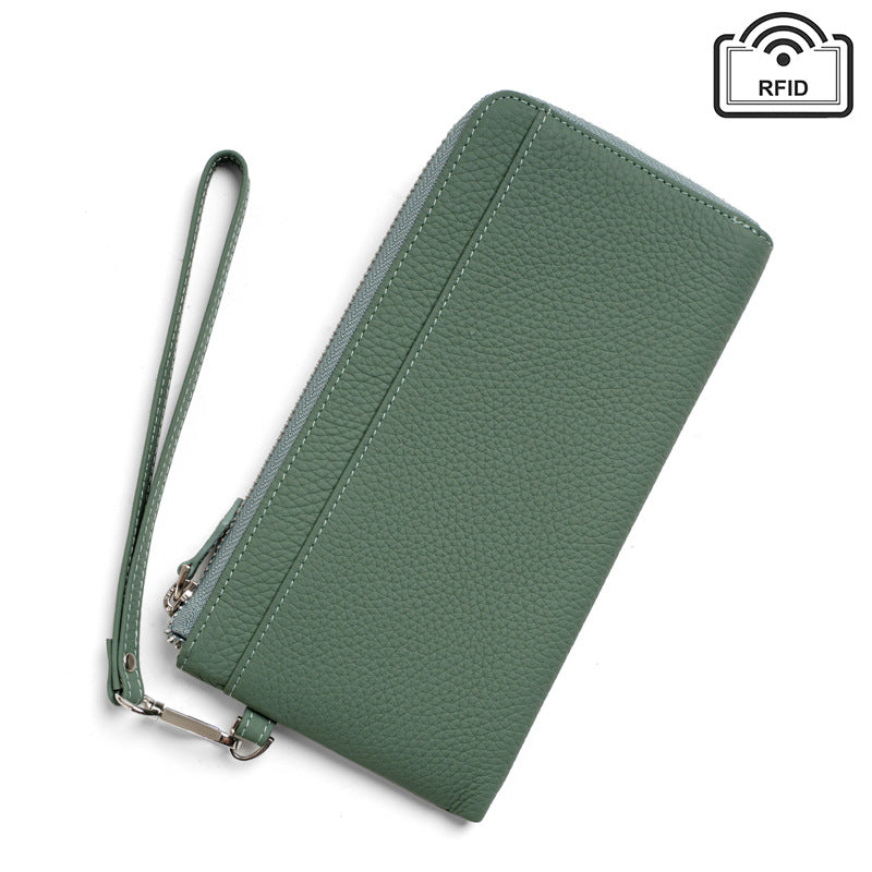 RFID-Blocking Pebbled Cowhide Long Zip Clutch in Jade Green