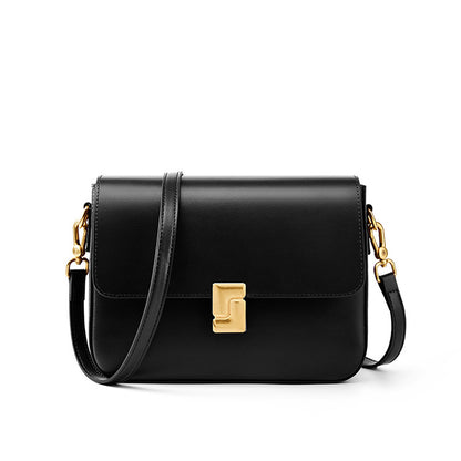 Black cowhide leather crossbody bag with turn-lock closure on white background