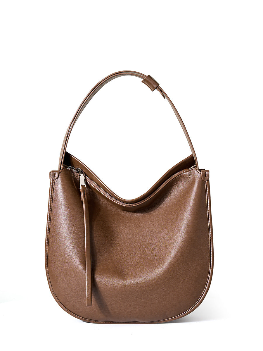 Dark brown leather hobo bag front view on white background